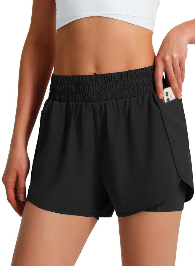 Ksmien Women's Running Shorts Quick Dry Lightweight Athletic Workout Shorts with Liner Phone Pockets Black - Image 1